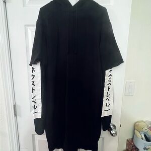 H&M Divided Long Black Hoodie w Japanese Katakana "Next Level" Text Streetwear